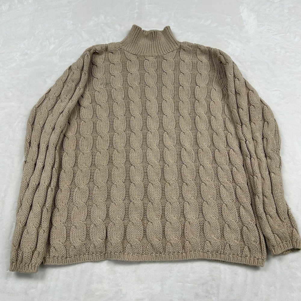 L.L. Bean Cable Knit Sweater Womens Large Tan Mock Neck Cotton O WH03